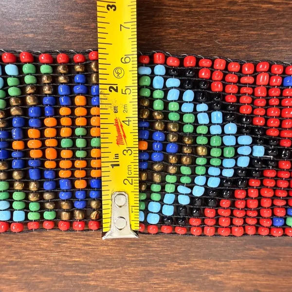 Vintage Seed Bead Geometric Diamond Wide Belt Red Stretch Wood Buckle 42in - Image 5