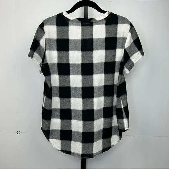 Anthropologie Cloth & Stone Buffalo Check V Neck Short Sleeve Boho Casual Top - Image 3