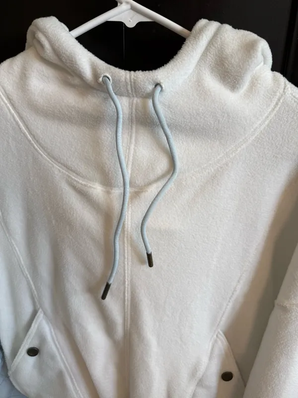 Free People Cream Fleece Hoodie with Light Blue Drawcords - Image 3