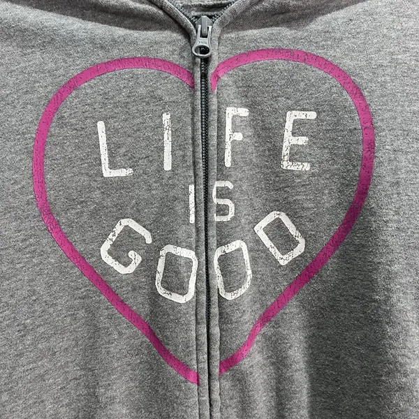 Life Is Good Zip Up Hoodie Gray Pink Relaxed Fit Womans XS Heart Design Sweater - Image 5
