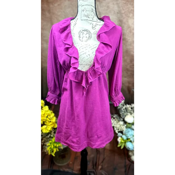 Free People Ruffled Collar 3/4 Sleeves Deep V Front Morning Light Mini Dress XS - Image 7