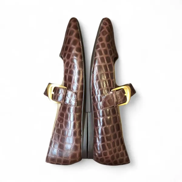 Y2K 90s Preppy Streetwear Brown Grunge Faux Croc Leather Mary Jane Ballet Ballerina Flats Gold Buckles Shoes Round Square Toe Office Siren Quiet Luxury Old Money #Dainty #Cottagecore #Whimsygoth #Dark Academia #Lolita Great condition - Image 3