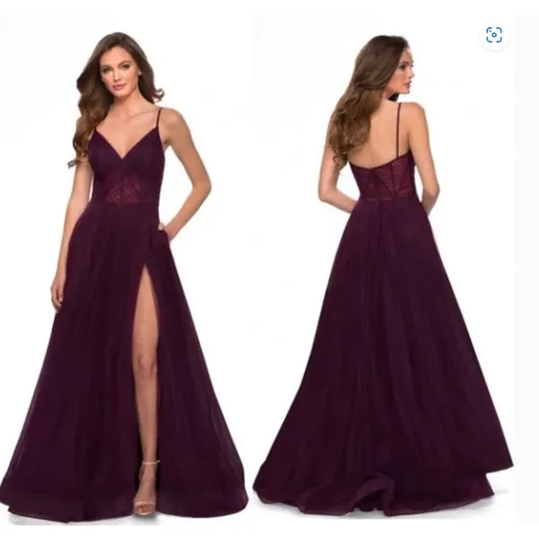 La Femme 29076 V-Neck Boned Bodice High Slit Illusion Tulle Ball Gown Size 00‎ - Image 3
