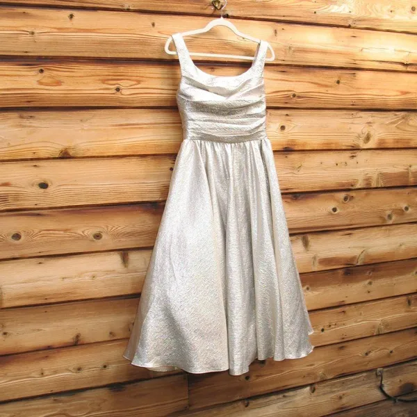 MAC DUGGAL Size 6 Gold Square Neck Pleated Sleeveless Midi Cocktail Dress Gown - Image 7
