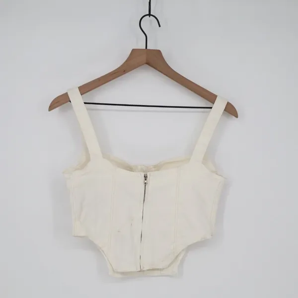 Zara Corset Top Womens Large White Denim Cotton Stretch Back Zip Wide Strap - Image 14