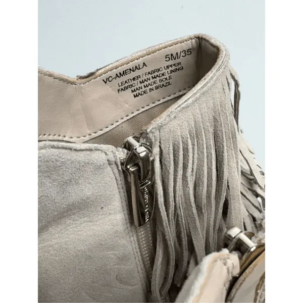 Vince Camuto Booties Size 5 Tan Suede Fringe Stiletto Heels Peep Toe‎ - Image 6