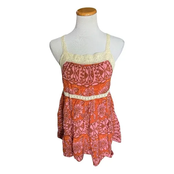 Womens Urban Outfitters UO Floral Rust Printed Lace Trim Romper - Sz L - Image 4