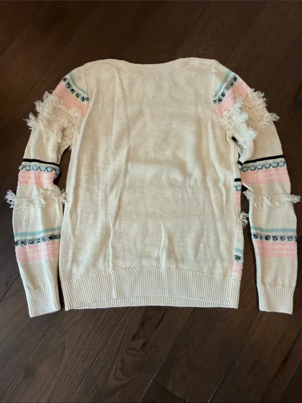 Loft Fringe Detail Cream Striped Women’s Sweater Size Small - C54-155 - Image 6