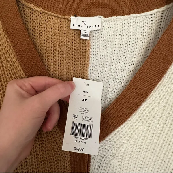NWT True Craft Plus Size Tan & White Colorblock Button Front Sweater Cardigan - Image 2
