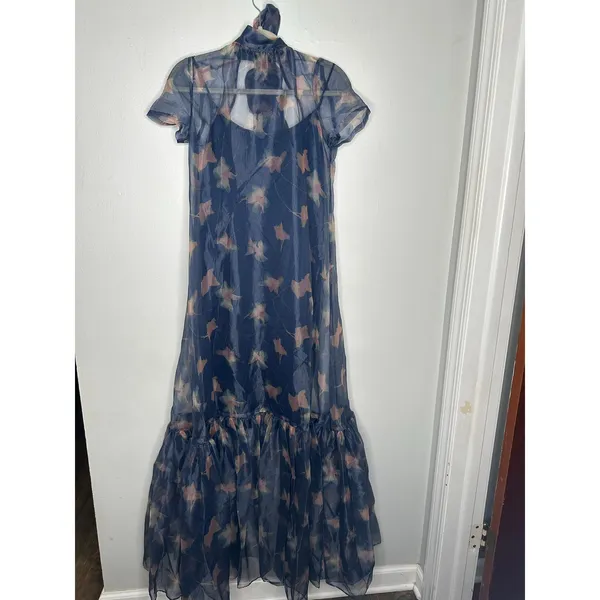 STAUD Botanical Navy Calluna Organza Mesh High Neckline Tie Back Gown size Small - Image 2
