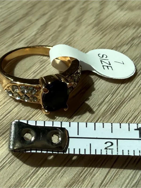 Gold plated Ring dark Center Stone and Clear Accent Crystal - Size 7 preppy gift - Image 2