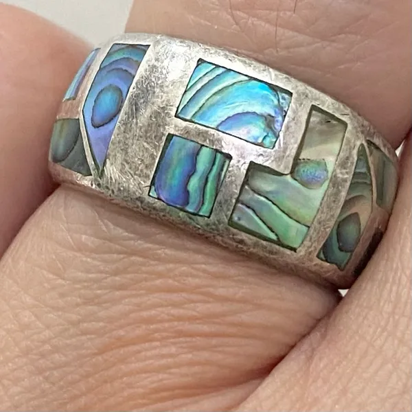 Vintage NE 925 Signed Sterling Silver Abalone Inlay Ring Band Size 6.5 5.9g - Image 11