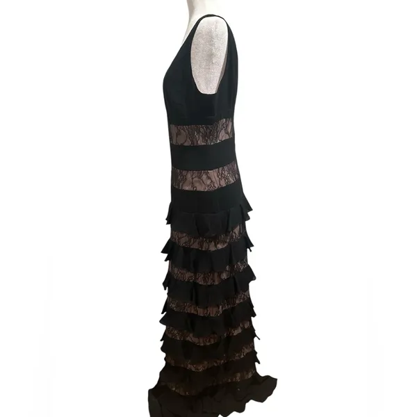 ML Monique Lhuillier Black Lace Panel Tiered sleeveless Formal Gown Dress 10 - Image 6