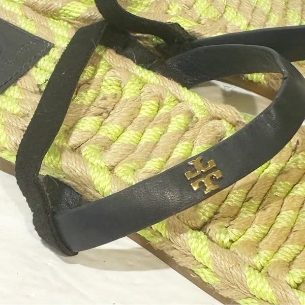 Tory Burch Two-band‎ Flat Espadrille Green Neon Brown Leather Sandals Size 7 - Image 4