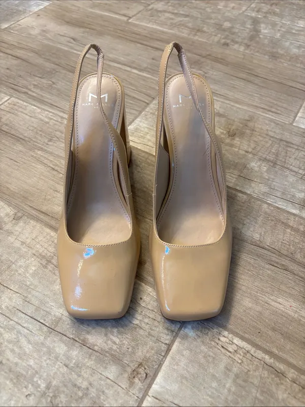 Marc Fisher Beige Patent Slingback Block Heel Pumps - Image 2