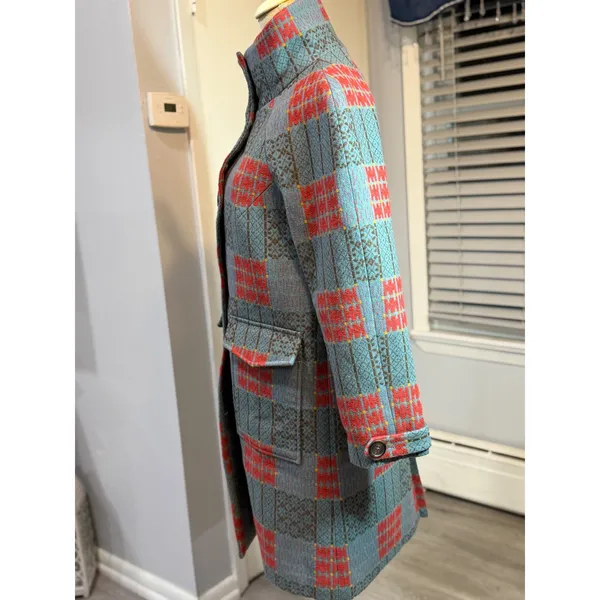 Sundance XS Wool Blend Plaid Long Coat Teal Red Boho Cottagecore Artsy Statement - Image 5