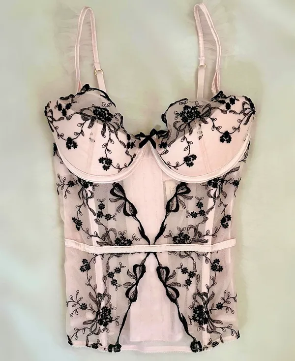 Victoria's Secret Baby pink coquette ballerina corset top with black floral and bow embroidery and ruffle details - Image 4