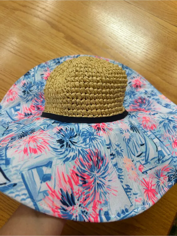 Lilly Pulitzer Sea‎ To Shining Sea Floppy Straw Sun Beach Hat Blue Pink Sailboat - Image 6