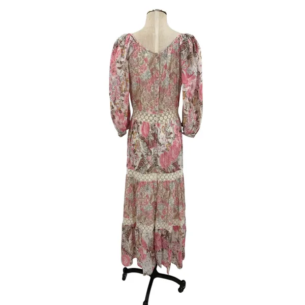LoveShackFancy Evren Floral Lace Trim Puff Sleeve Cotton Maxi Dress Pink Small - Image 7