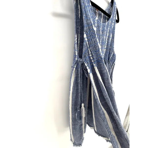Free People Obi Posey Smocked Tank Top Striped Boho Hippie M Blue White Fringe - Image 7