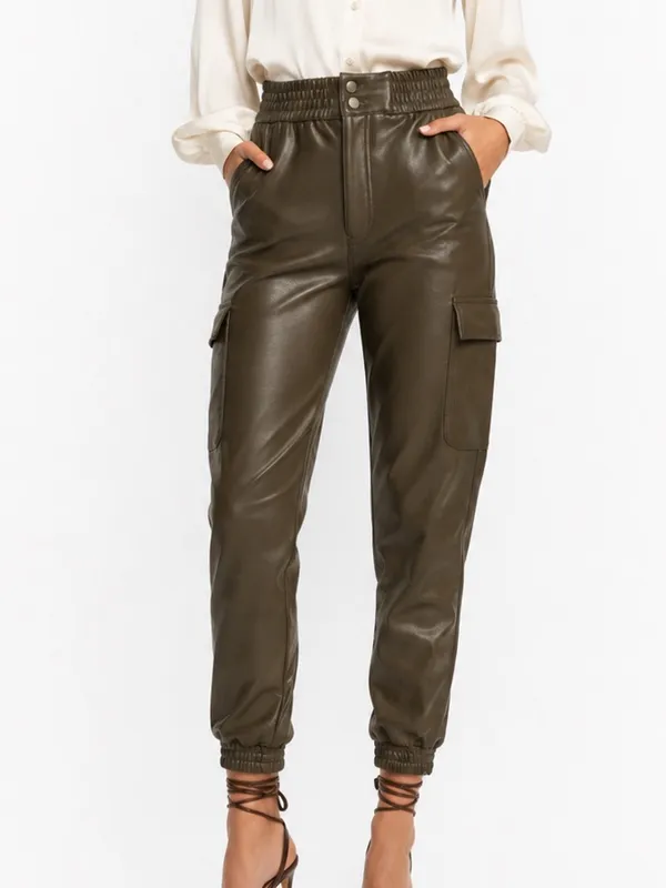 Abercrombie & Fitch Faux Brown Leather Cargo High Rise Jogger Pants Size L NWT - Image 11