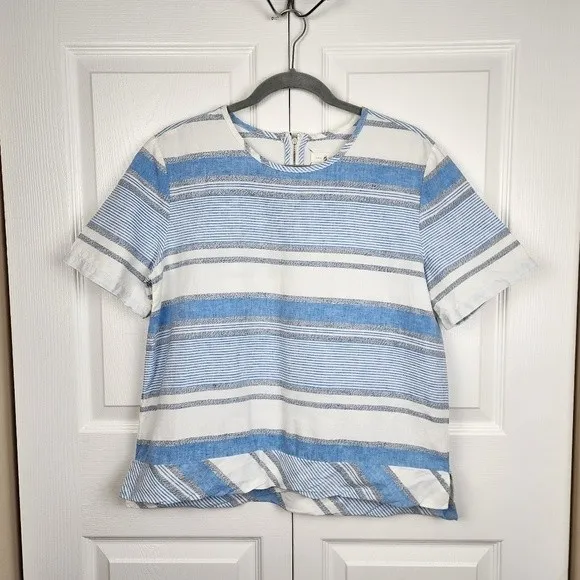 Lou & Grey Linen Cotton Striped Crop Top Blue White Grey Size M - Image 3