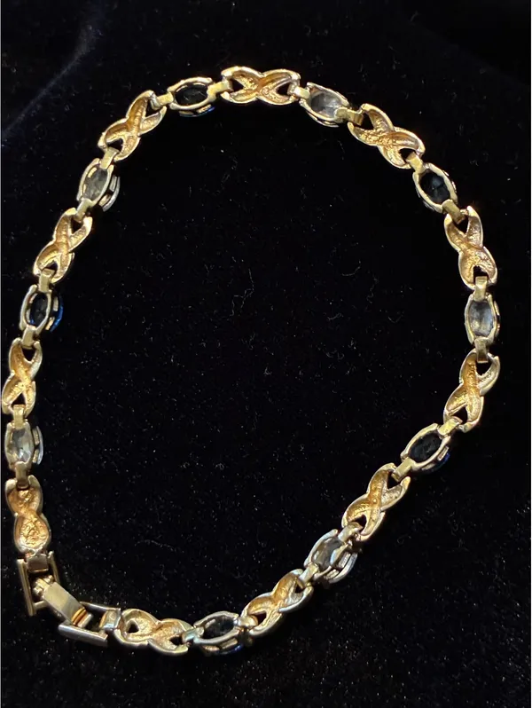 Vtg Gold-Tone Faux Sapphire & CZ Tennis Bracelet – Hugs & Kisses "X" Link 7.5” - Image 4