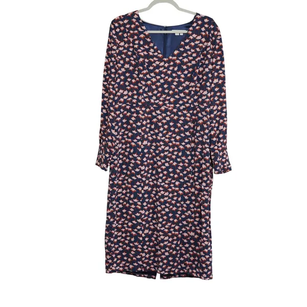 Boden Women's Size 12 Long Sleeve Midi Dress‎ Long Navy Pink Tulip Floral V-Neck - Image 2