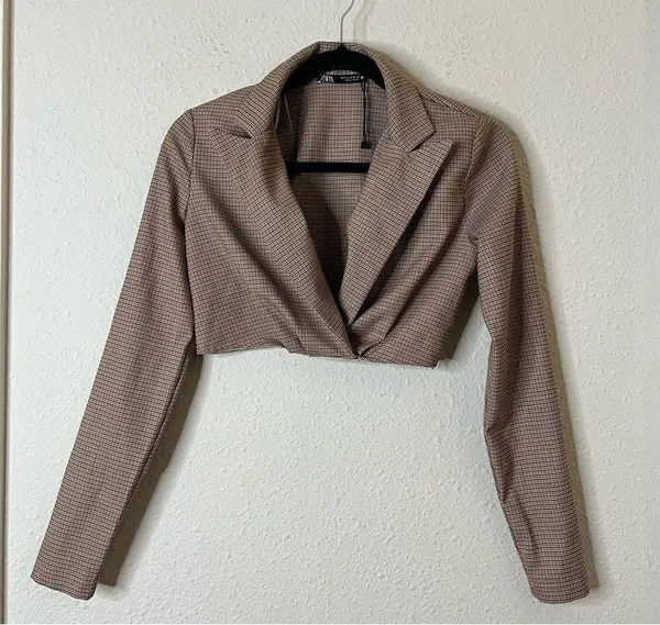 ZARA Plaid Blazer Crop Top Size Small - Image 4