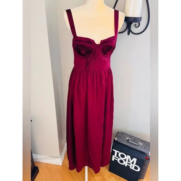 Astr The Label Pleated Bustier Midi Satin Dress, Burgundy, Size Small, NEW - Image 5