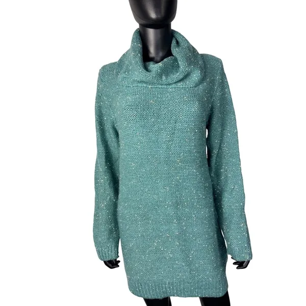 Molly Bracken‎ Teal Blue Cowl Neck Tunic Sweater Metallic Speckled L/XL LA499H20 - Image 2