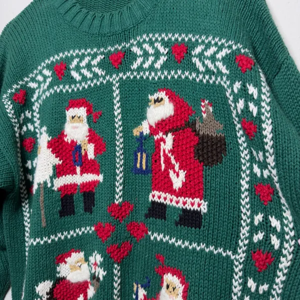 VTG 80s Women Sweater Large Green Santa Claus Holiday Christmas Knit Retro Heart - Image 3