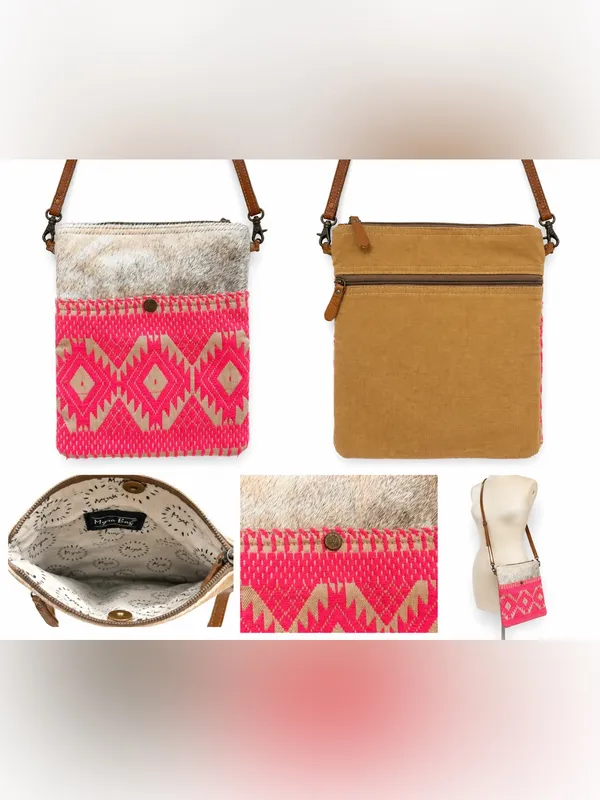 Myra Bag Cowhide & Neon Pink Aztec Crossbody Bag - Image 4