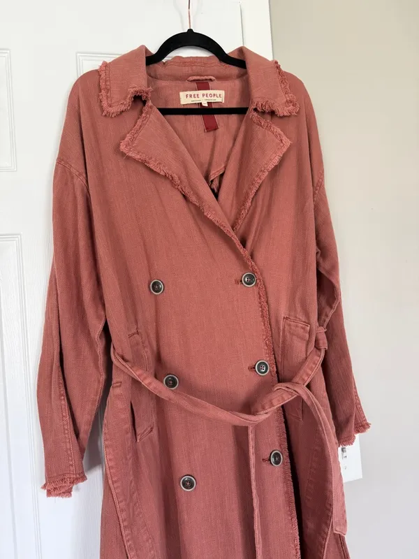 Free People Dusty Rose Long Coat Jacket Belted Double Breasted Trench Coat - Image 5