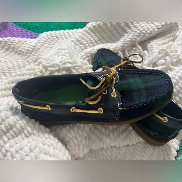 Sperry Green and Navy Plaid Leather-Trim Moccasins - Image 5