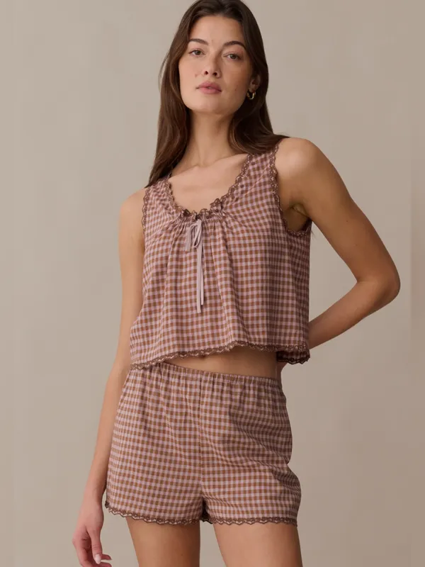 NWT Few Moda Lila Shorts size Large L gingham brown rust lace trim Kourt - Image 3