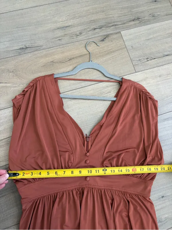Anthropologie Sleeveless V Neck A Line Midi Boho Fall Cottagecore Dress Brown L - Image 10