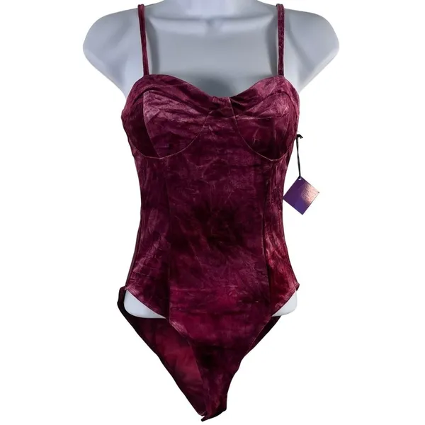NWT Forever 21 Party Collection Velour Bodysuit Burgundy Strappy Bustier M - Image 2