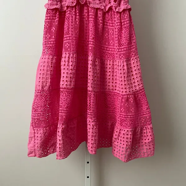 Fairy Cotton Boho Beachy Crochet‎ Eyelet Tiered Midi Dress Pink - Image 3