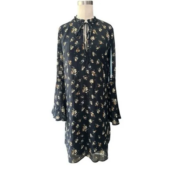 Philosophy Black Floral Chiffon Shift Dress Sz Small Tie Keyhole Flutter Sleeve - Image 14