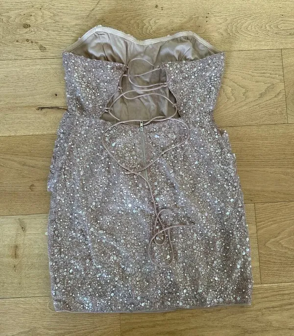 Lulu’s - Vivacious Lace Up Strapless Sparkly Mini Dress in Champagne - Image 3