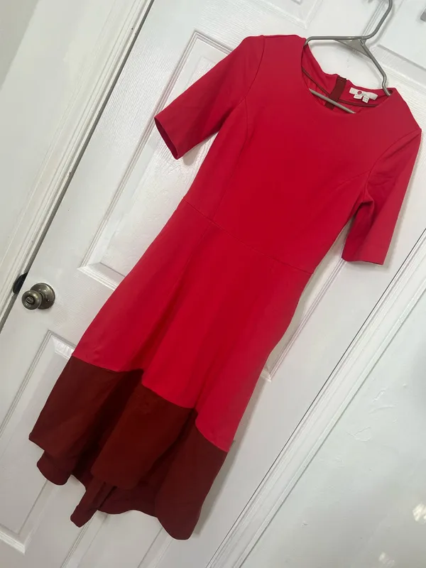 Boden Red Midi Dress Fit Flare Colorblock A-line Elegant Chic Pockets Size 6R - Image 5