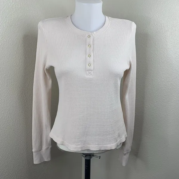 Loveshackfancy Thelia Waffle Knit Henley Top Cream Nude Color Sz XS - Image 2
