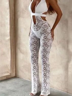 White Lace Halter Cutout Jumpsuit (Size XXS) - Image 6