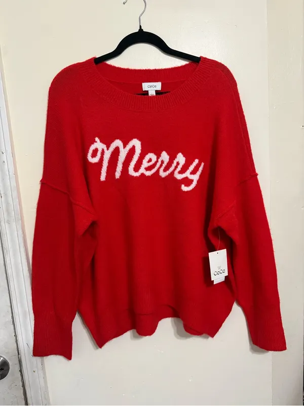 CeCe Merry Christmas Sweater Red White Holiday Pullover NWT Size L - Image 2