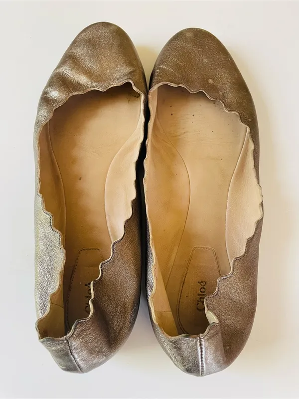 Chloé Lauren Scalloped Leather Ballet Flats Bronze Metallic Size 39.5 Italy - Image 8