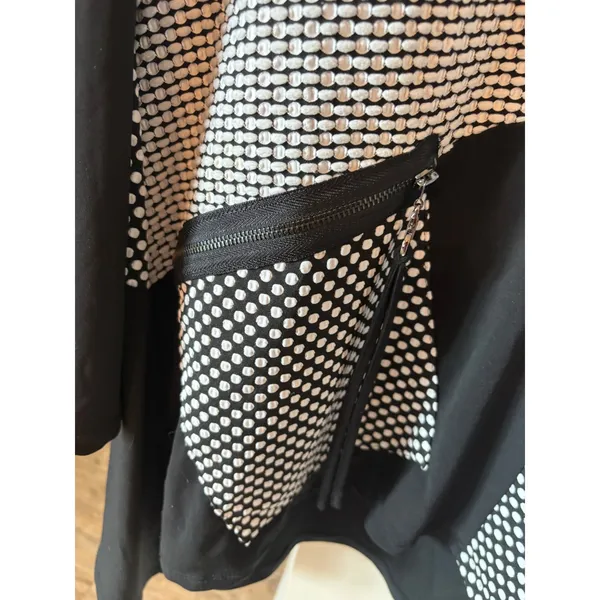 Grace Black White Polka Dot Cowl Neck Tunic Top Mixed Pattern Zipper Detail L - Image 4