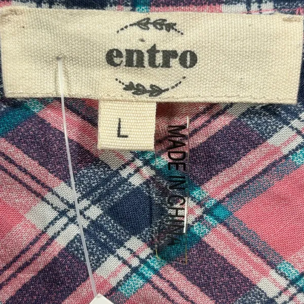 Entro Pink Navy Plaid Button Down Shirt Crochet Lace Frayed Hem‎ T6382 Large - Image 4