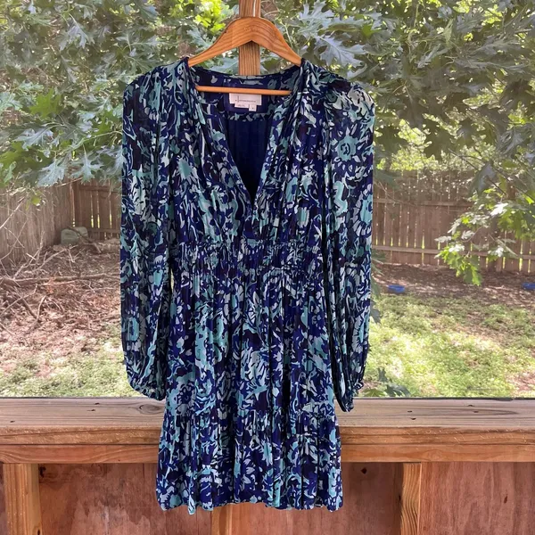 Anthropologie Somerset Long Sleeve Mini Dress Blue Printed Size S - Image 3