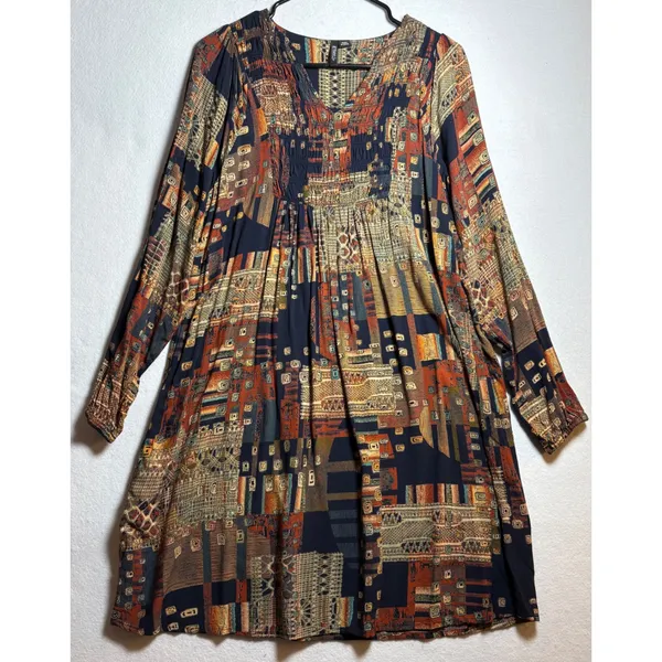 ETHYL Boho Patchwork Geometric Smocked V-Neck Rayon Mini Dress H2507D1-SWANK - Image 3